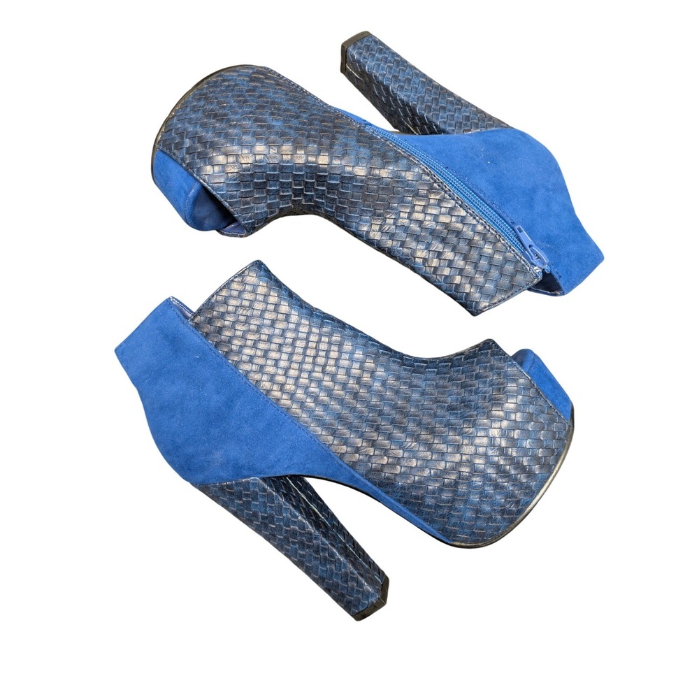 Eye Candie Cobalt Blue Wovenโ Peep Toe Platform Ankle Booties Chunky Heel